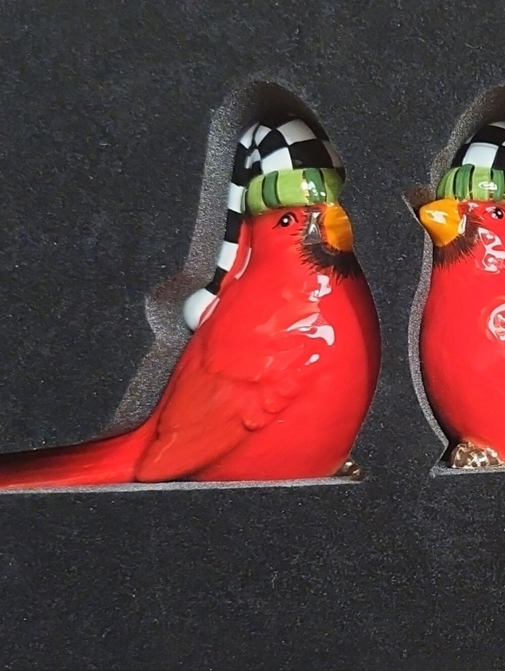 Ceramic Red Cardinal Bird Ornament with Striped Winter Cap